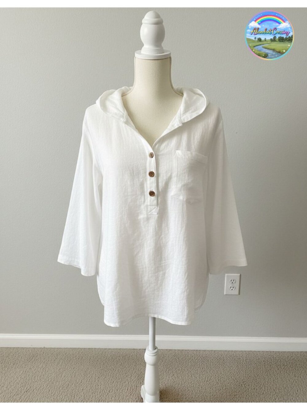 3/4 Sleeve V-Neck Cotton Linen Button Down Top